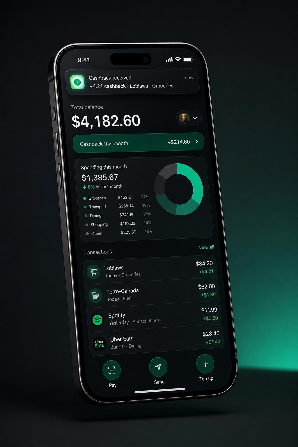 Premium modern Canadian fintech mobile banking app — cashback, spending analytics, transactions, and instant notifications